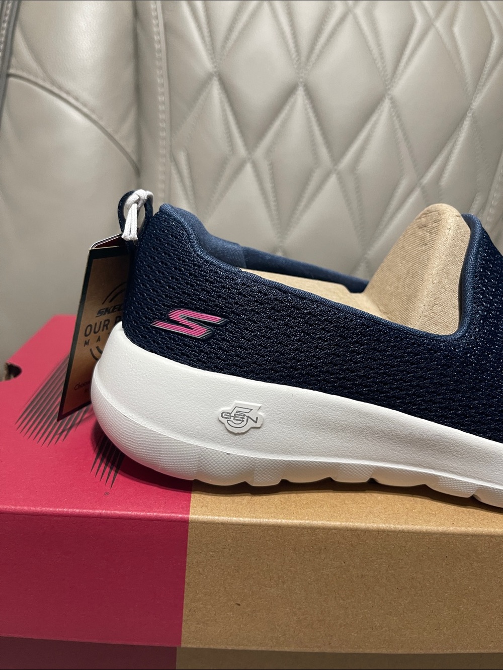 Skechers Navy Slip-On Memory Foam Walking Sneakers with White Sole - Picture 3 of 11